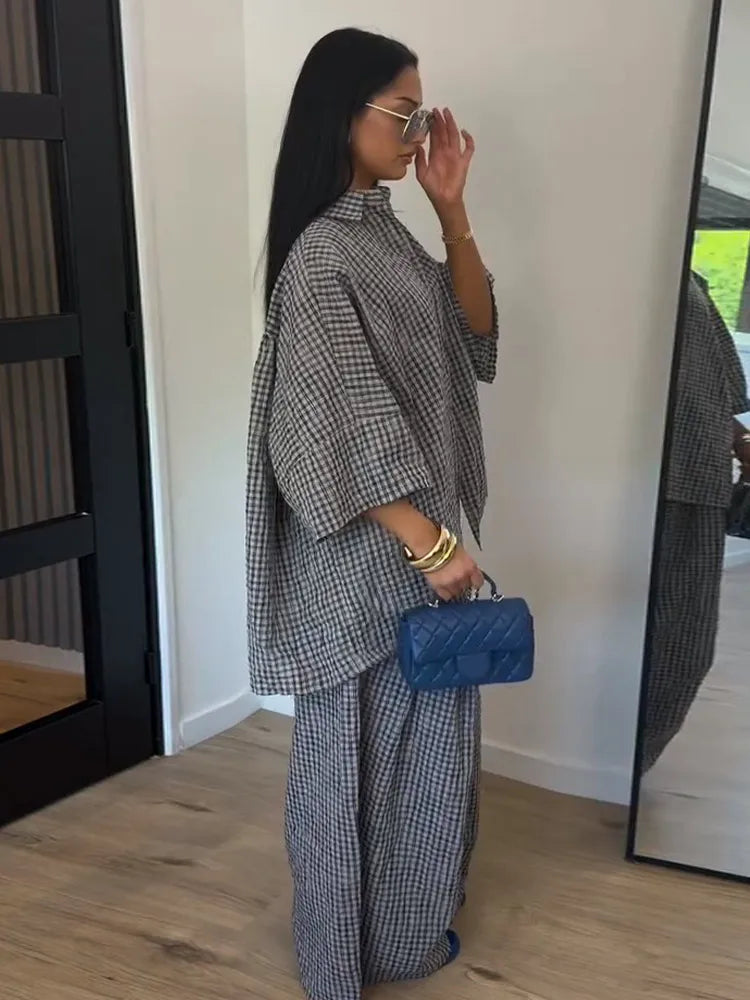 Casual Women's Set Three Quarter Sleeve Plus Size Single Breasted Tops Wide Leg Pants 2026 Summer Plaid Women 2-piece Sets