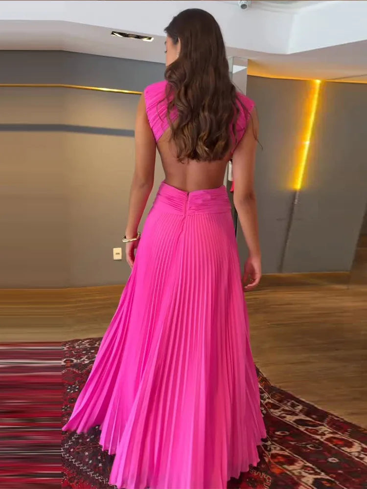 Pleated Sleeveless Backless Dress