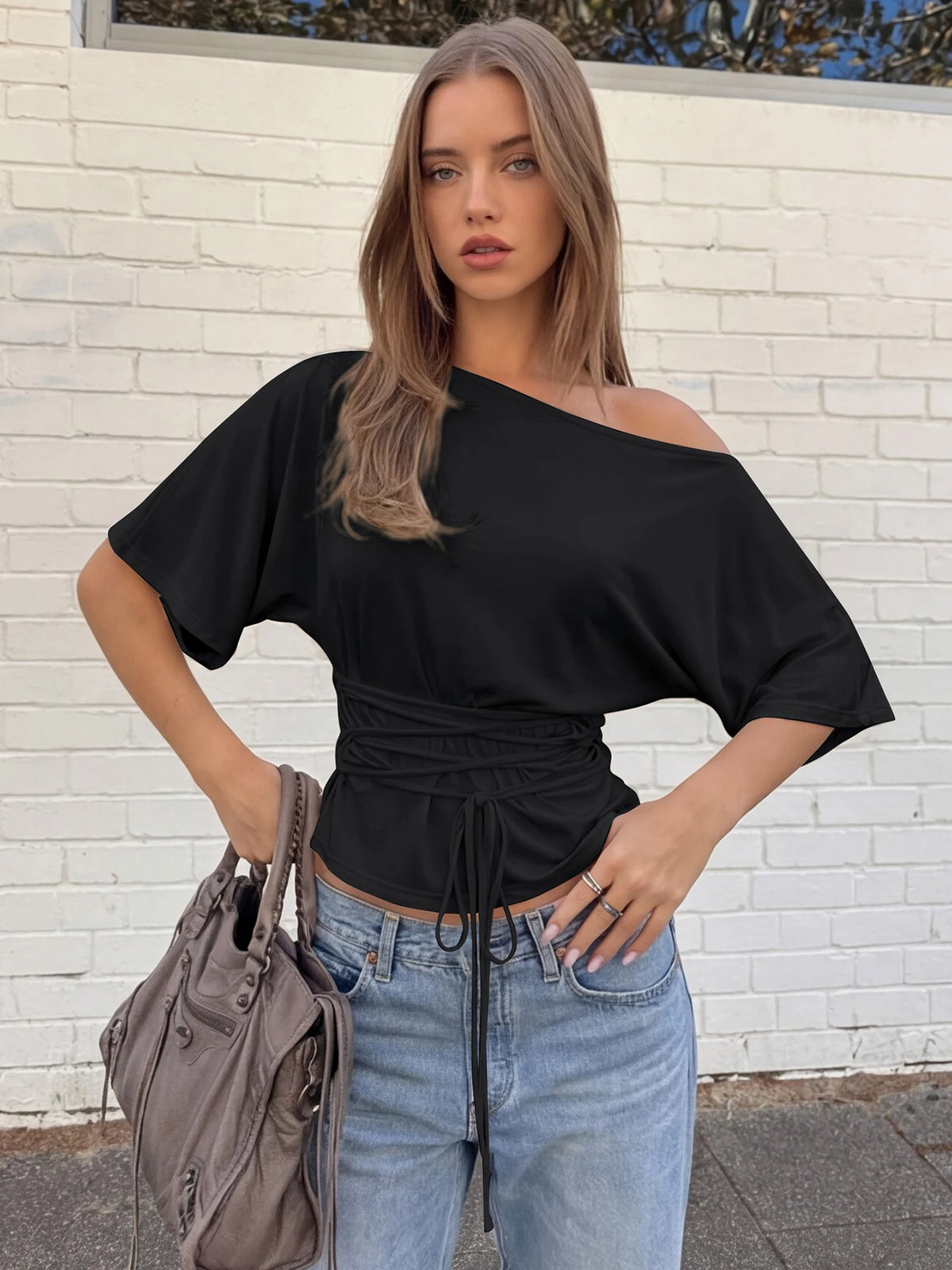 Half Sleeve Lace Up Slim T-Shirt