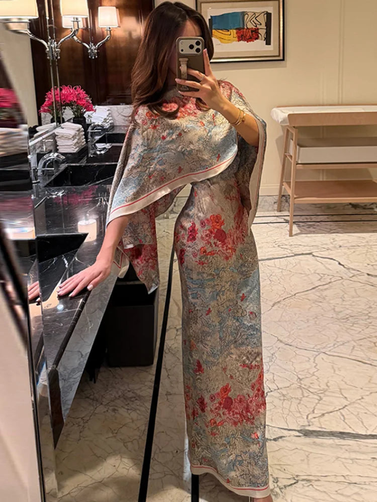 Tropical Leaf Print Cape Two Piece Set
