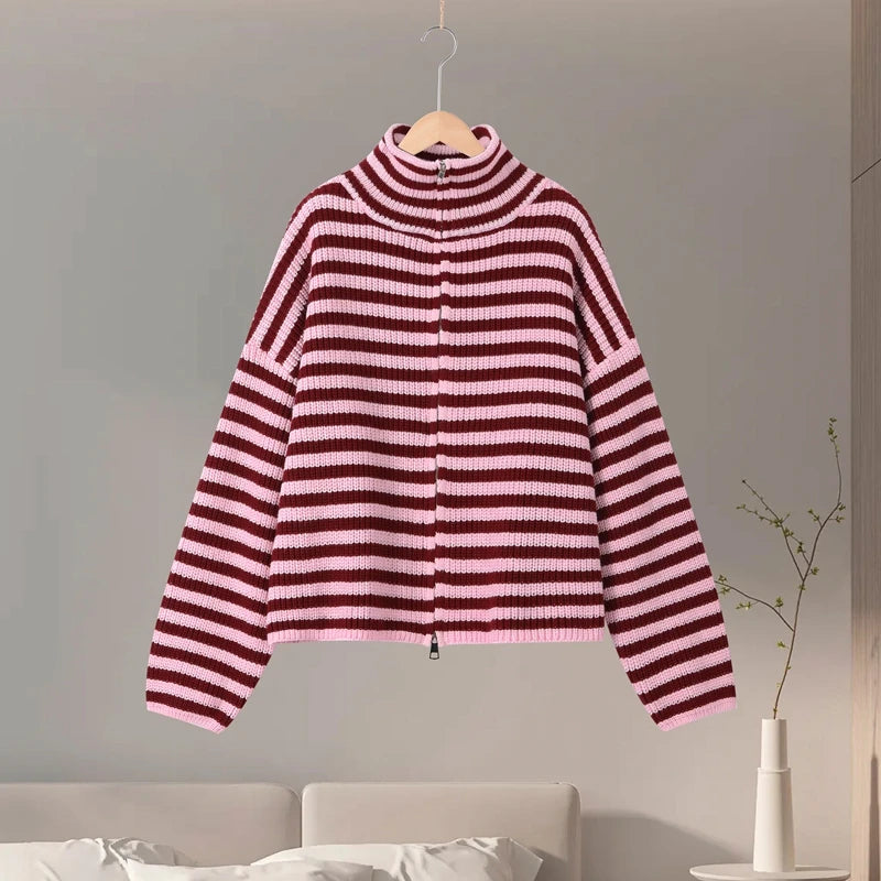 Casual Turtleneck Knitted Ribbed Sweater Women's Loose Full Sleeve Zippers Cardigan 2026 Autumn Winter Lady Minimalist Outerwear