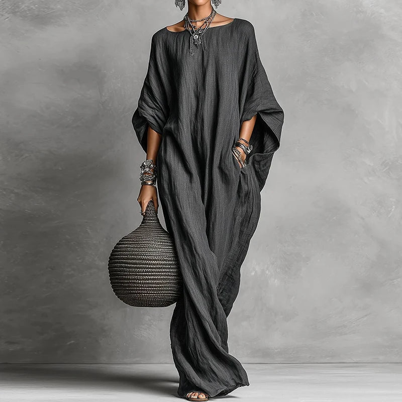 Three Quarter Batwing Sleeve Loose Party Dress, Women Spring Summer O Neck Simple Maxi Dress, Holiday Solid Elegant Ladies Dress