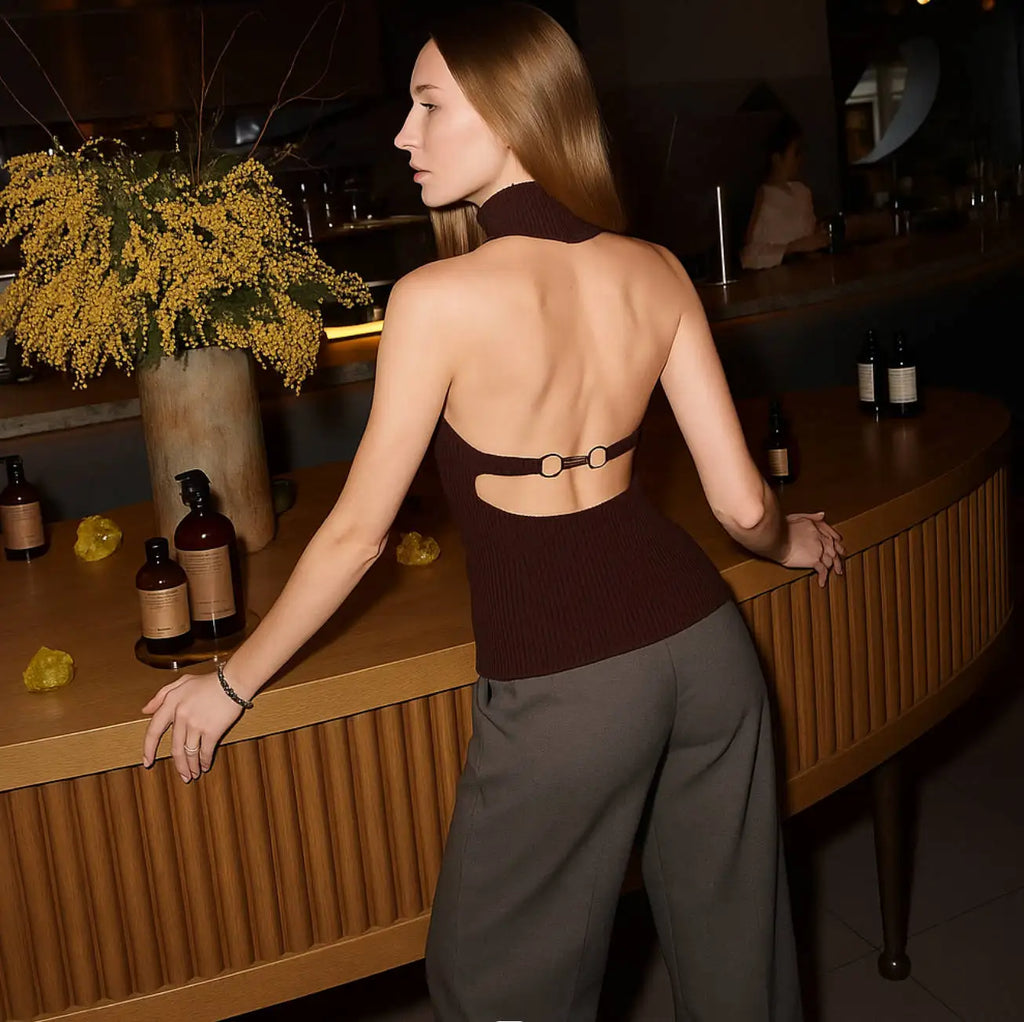 Knitted Turtleneck Backless Sweater Vest Pullover
