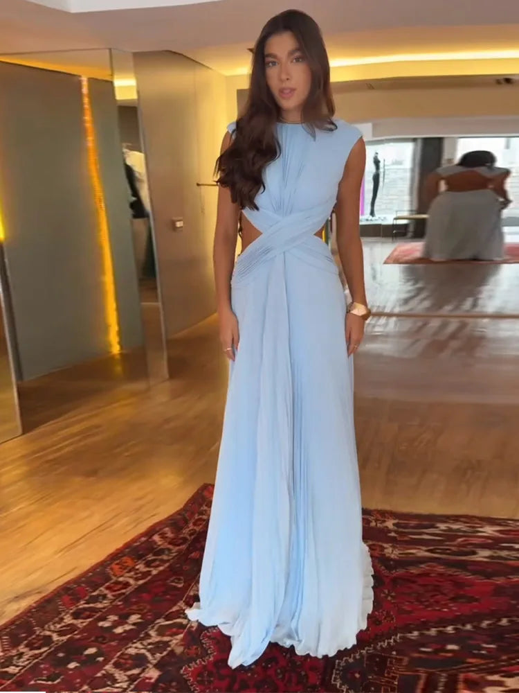 Pleated Sleeveless Backless Dress