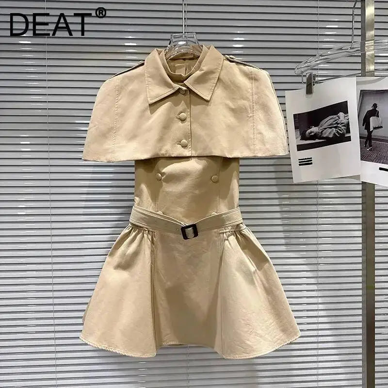 DEAT 2026 Summer New Short Cape Shawl Double-breasted Halter Backless Belt Waist-cinching Khaki Slim Dress For Women 11B795