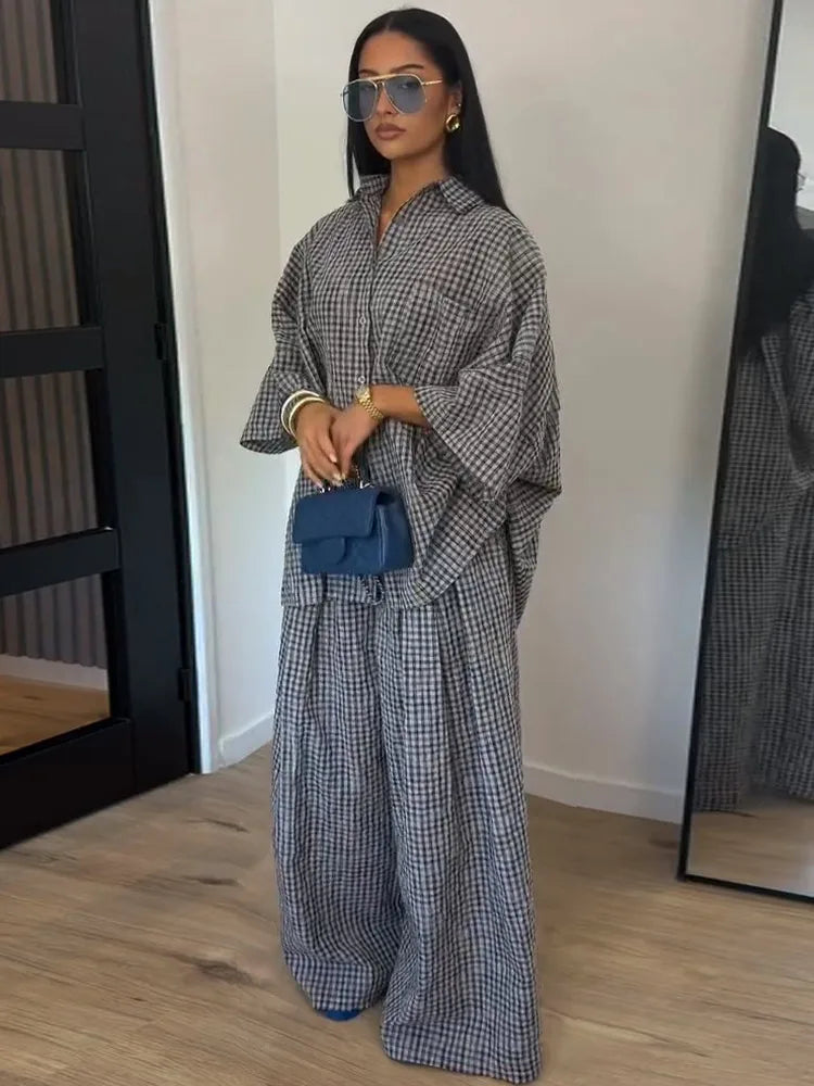 Casual Women's Set Three Quarter Sleeve Plus Size Single Breasted Tops Wide Leg Pants 2026 Summer Plaid Women 2-piece Sets