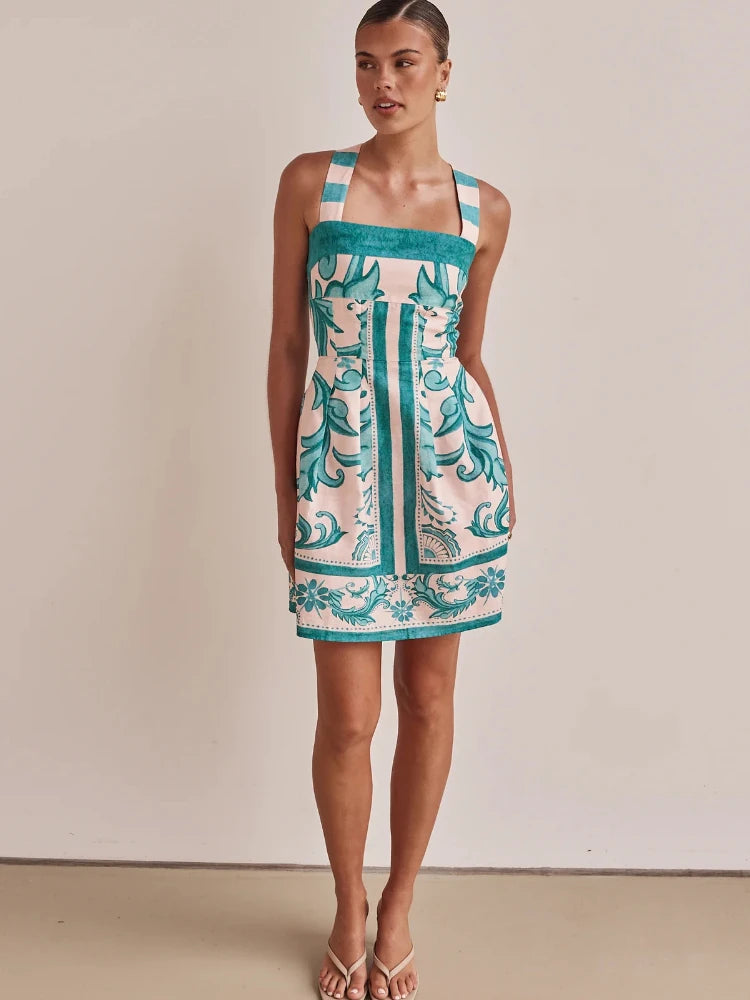2025 Summer Fashion New Women's Elegant New Printed Bohemian Dress Short Vacation Strap Hot Girl Sexy Color Blocked Dress