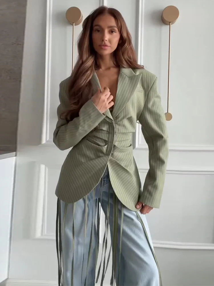 Chic Women Striped Shirt Lace Up Lapel Ruffles Long Seeve Covered Buttons Female Blouse Fashion Solid Office Outwear 2026 Spring