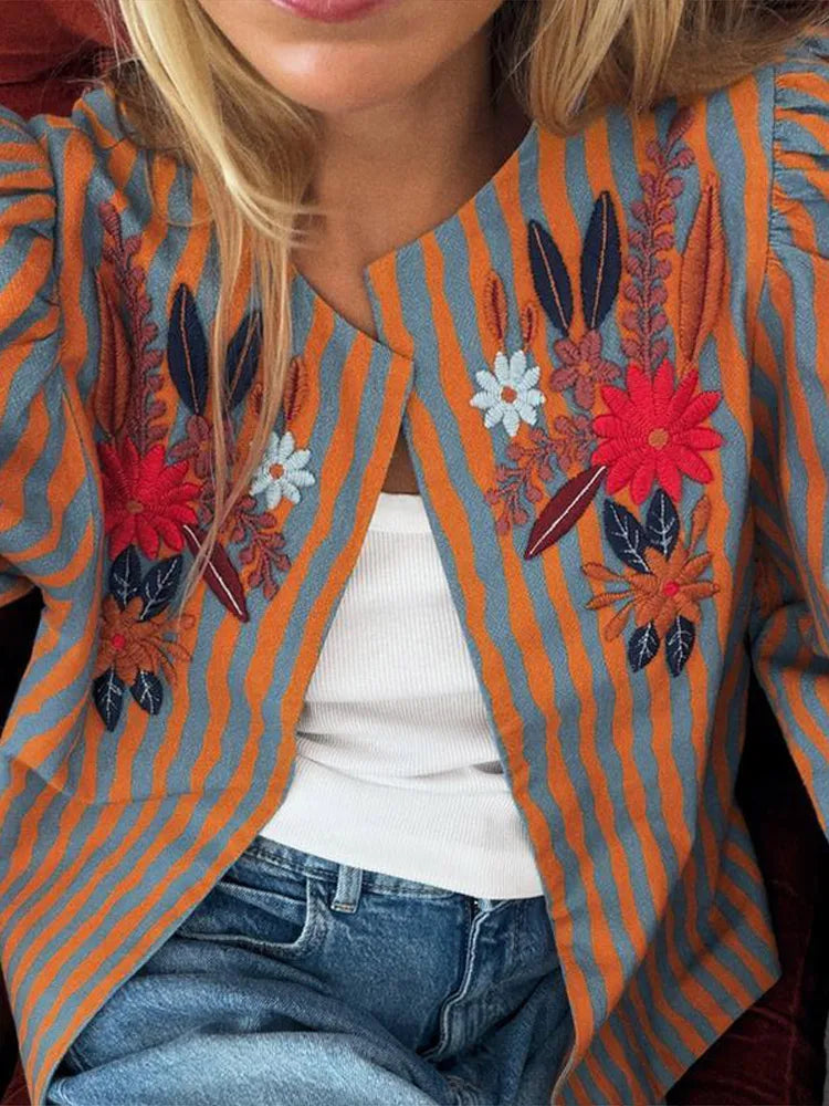 Ines Striped Floral Embroidered Jacket