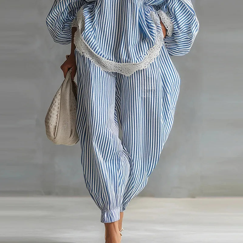Boho Striped Two Piece Set for Women Sexy V-Neck Lace Trim Puff Sleeve Top & Casual Loose Lantern Pant Spring Matching Set