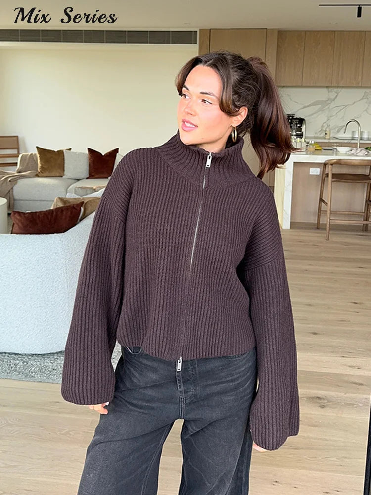 Casual Turtleneck Knitted Ribbed Sweater Women's Loose Full Sleeve Zippers Cardigan 2026 Autumn Winter Lady Minimalist Outerwear