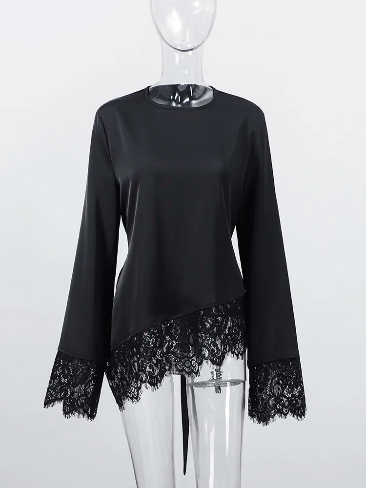 Casual Lace Patchwork Lace-up Tops Women's Slim Belted Waist-cinching Round Neck Pullovers 2026 New Ladies Spring Solid Outwear