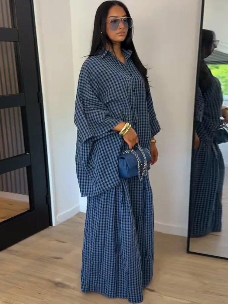 Casual Women's Set Three Quarter Sleeve Plus Size Single Breasted Tops Wide Leg Pants 2026 Summer Plaid Women 2-piece Sets