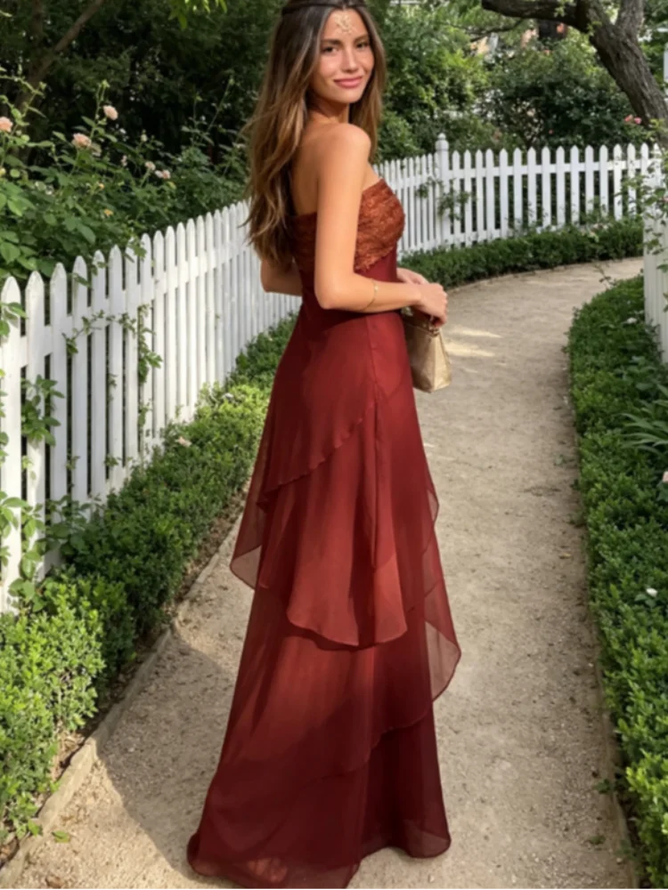 Women's Dress Irregular One-Shoulder Waist Cinching Layered Chiffon Solid Long Dresses Elegant Summer New Daily Wear Ladies Robe