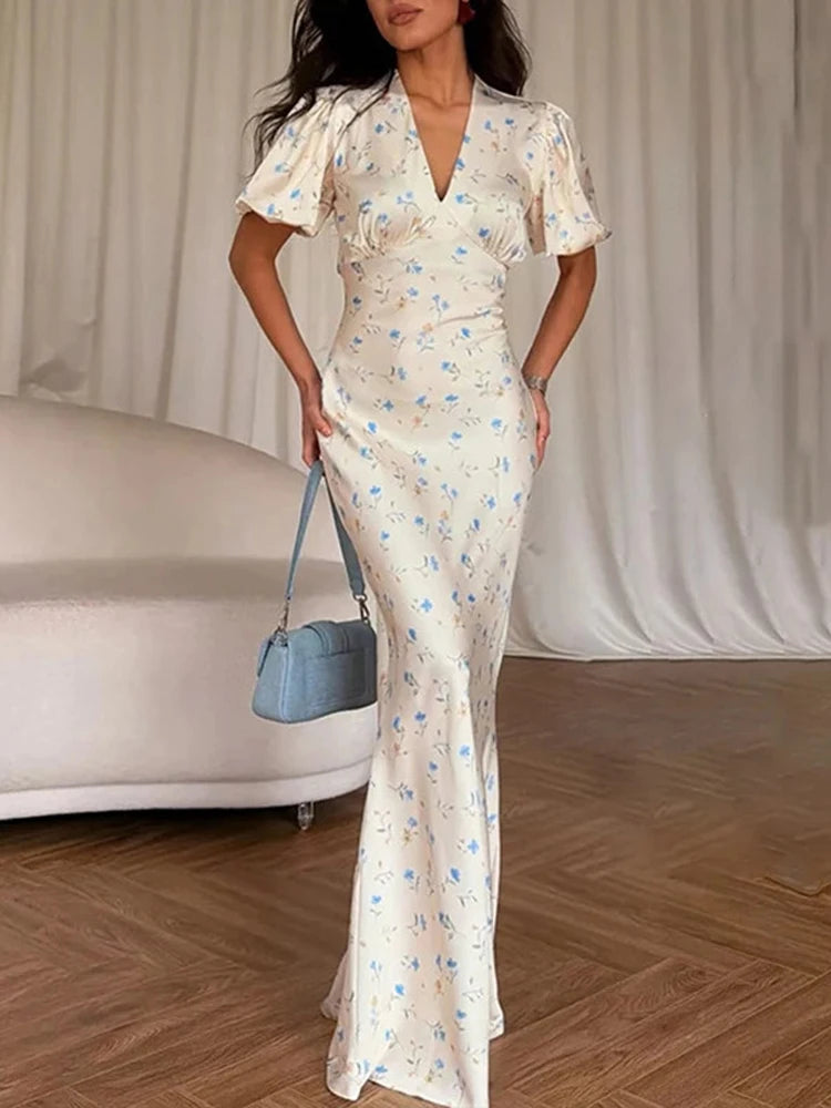 Printed Floral Print Elegant Long Dress For Women Short Sleeve V Neck Fashion Slim Dress Satin Commuting Banquet Female Dress