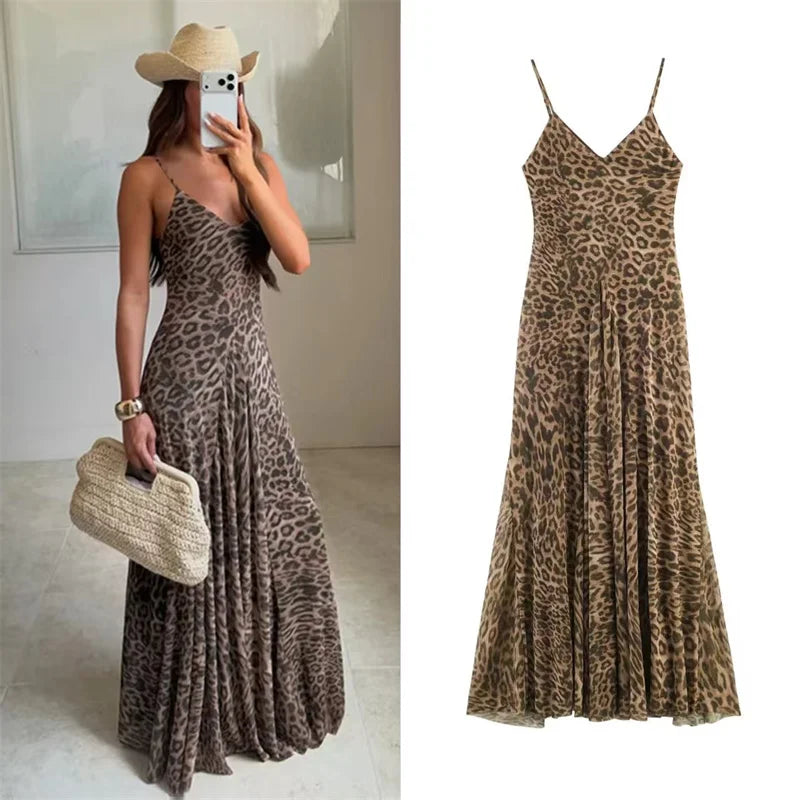 2026 Summer New Women's Dress Leopard Print Spaghetti Strap A-Line Midi Dress Sexy Fashion Wild Individual Style
