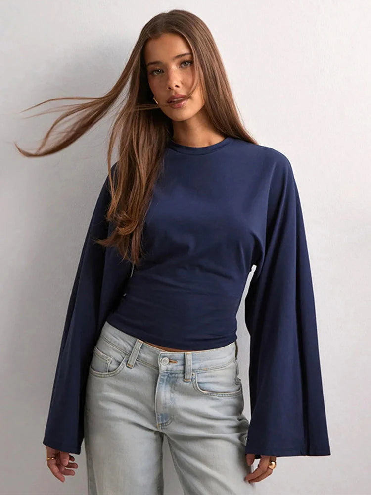Street Sytle Flare Long Sleeve Cropped T-shirt for Women Spring Autumn Casual Round Neck Crop Top Streetwear Y2K Clothes