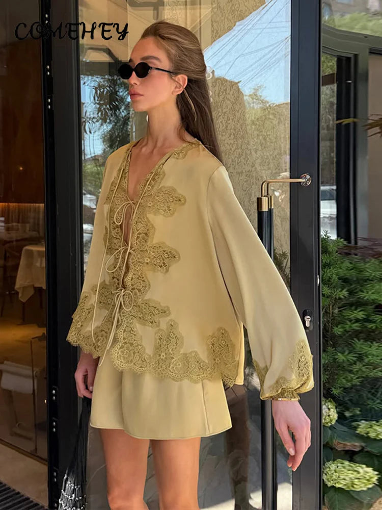 Satin Lace Patchwork Shirt Shorts Suit Women V-neck Full Sleeve Hollow Out Lace Up Shirts Shorts Set 2026 Summer Casual Outfits