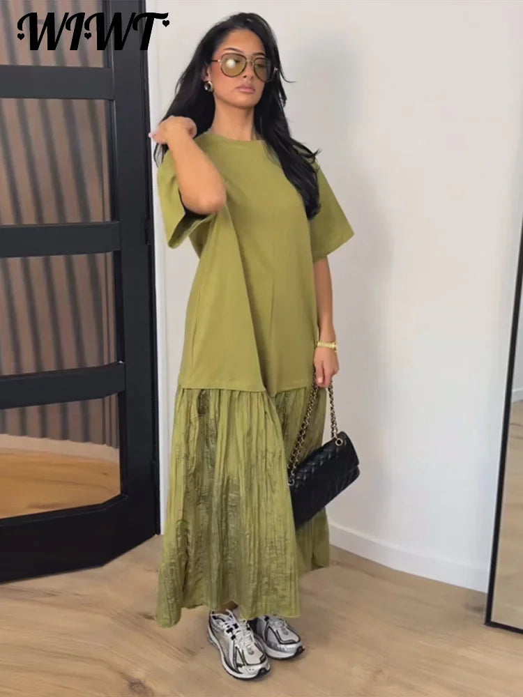 Loose Patchwork Women's Pleated Dresses Fashion Short Sleeve O-neck Long Robes 2026 Summer New Female Elegant Casual Dress
