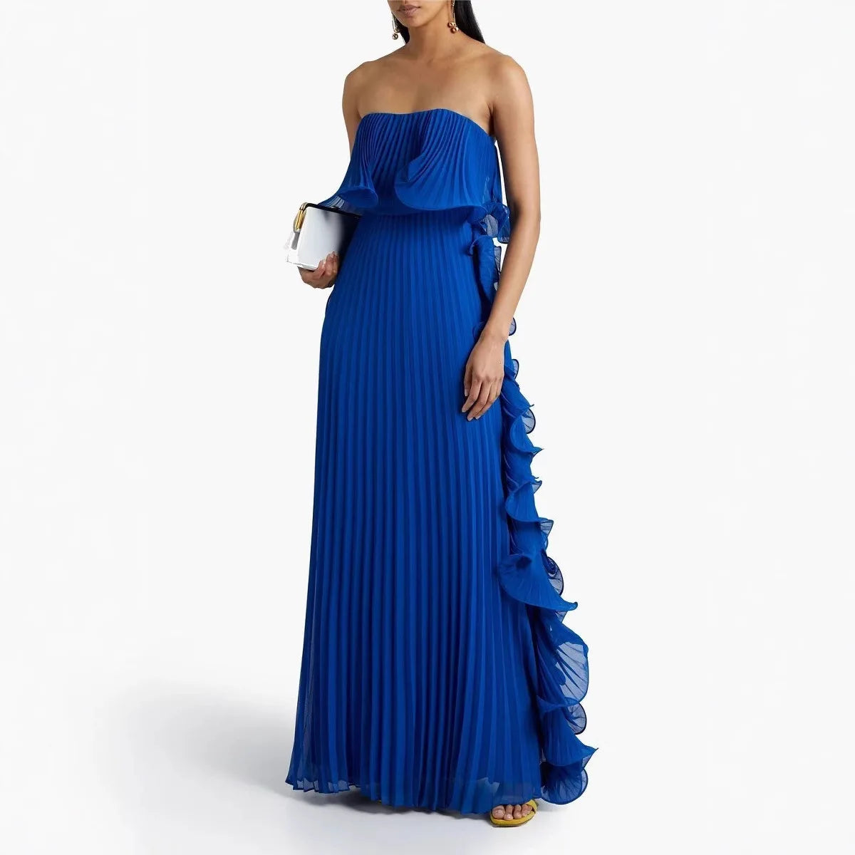 Ingrid Ruffle Trim Pleated Maxi Dress