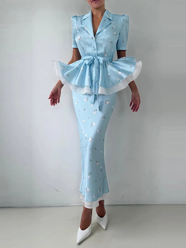 Floral Print V-Neck Peplum Top Dress Set Waist Tie Short Sleeve 2026 Summer Chic Women Co-ord Set Classy Parisian Lady Vestido
