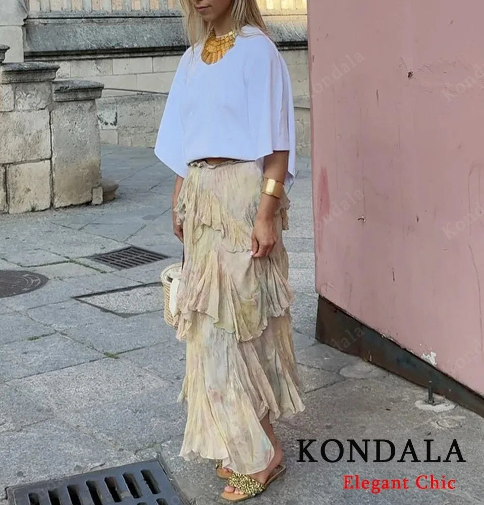 KONDALA Women Elegant Hippie Skirt Gradient Print Tiered Ruffled Long Skirts 2026 Summer Holiday High Street Boho Lady Skirts