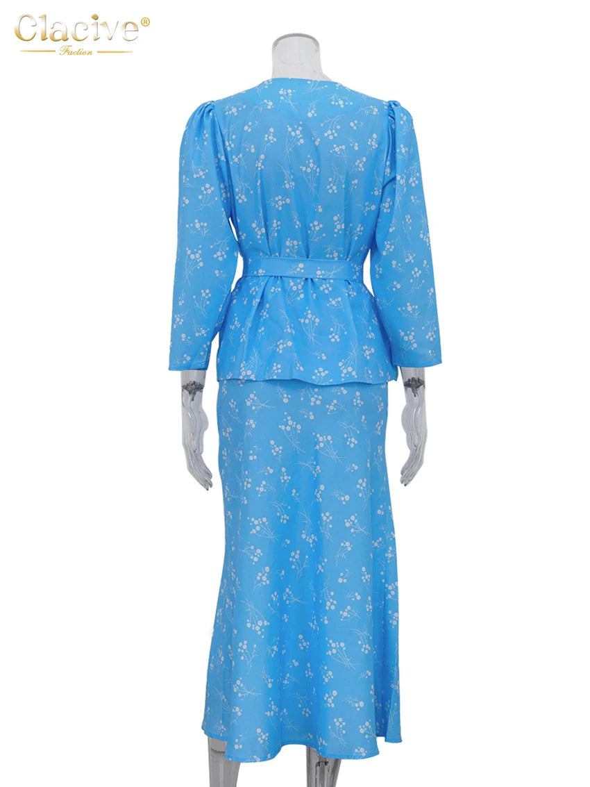 Clacive Fashion Loose Print Women Two Pieces Set 2025 Elegant Long Sleeve Shirt With High Waist Long Skirt Set Female Streetwear