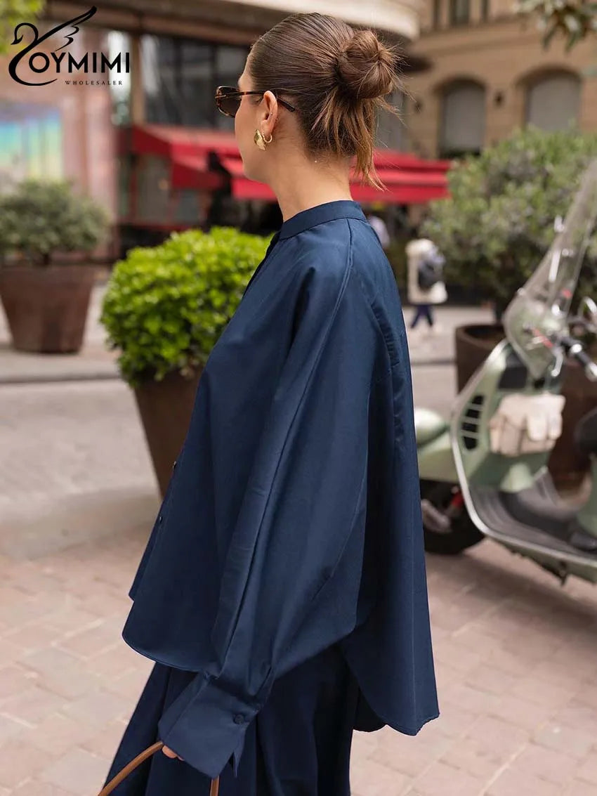 Oymimi Fashion Black Two Piece Set For Women Casual O-Neck Long Sleeve Button Shirts And High Waist Loose Pockets Trousers Sets