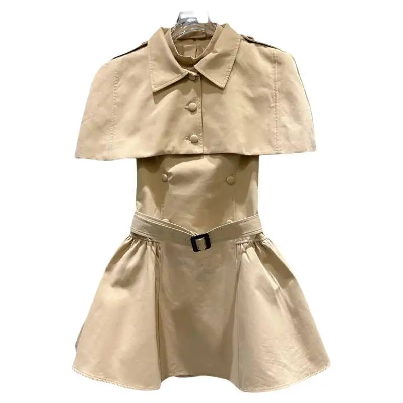 DEAT 2026 Summer New Short Cape Shawl Double-breasted Halter Backless Belt Waist-cinching Khaki Slim Dress For Women 11B795