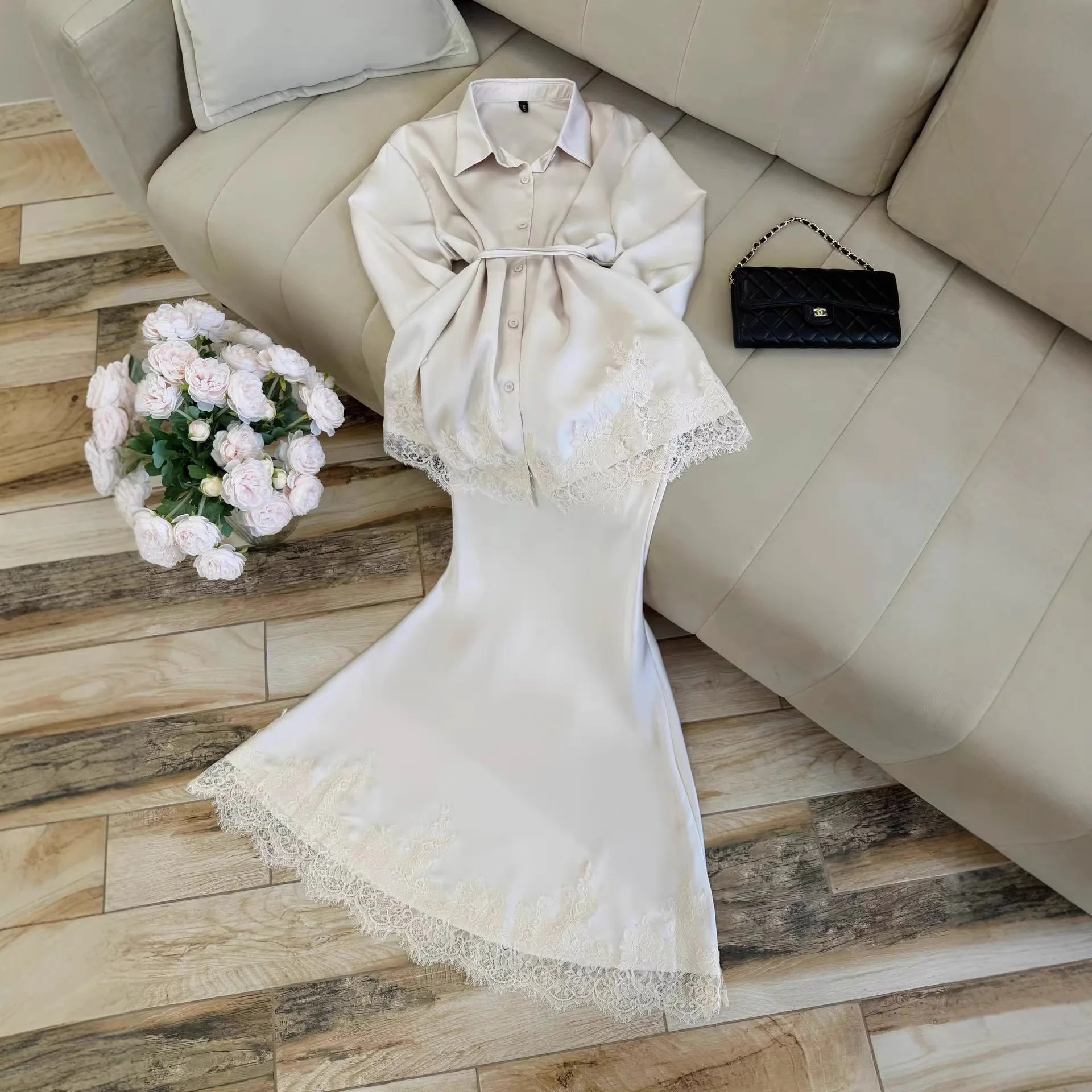 Women Two Piece Sets Skirt Set Turn Down Collar Lace Sexy Full Sleeve Tops Long Skirts High Waist Y2k Streetwear Elegant Work