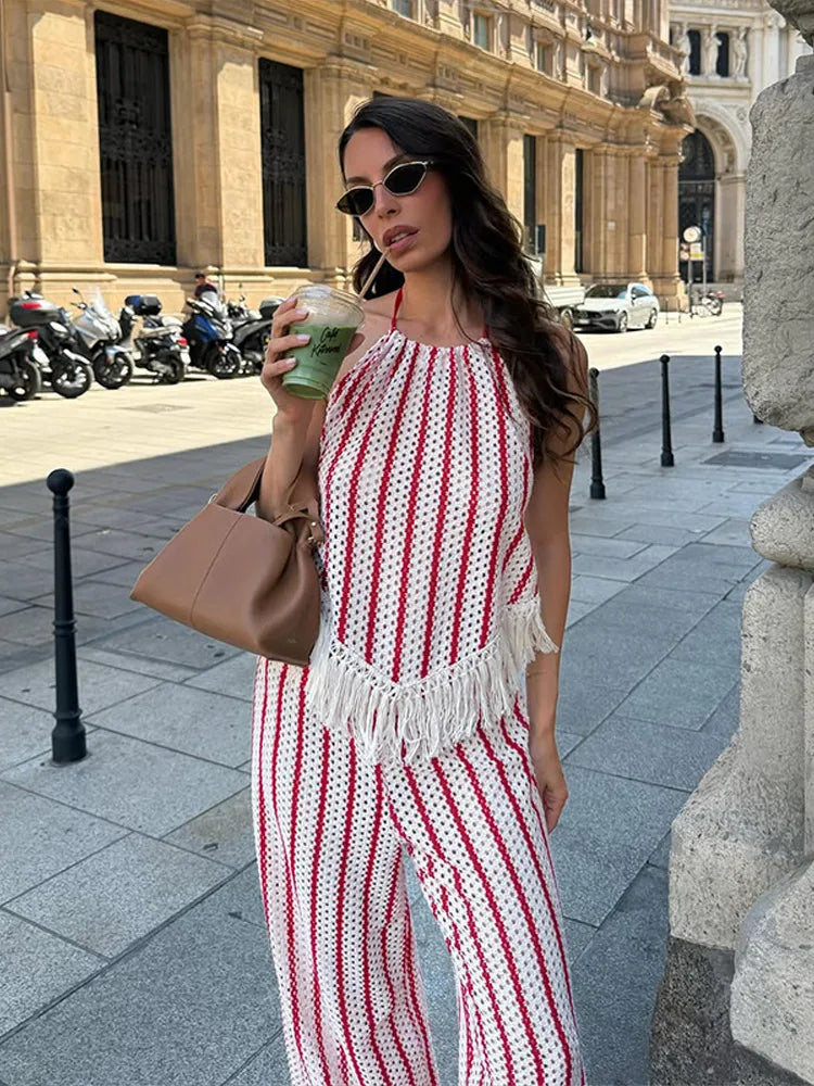 Color Contrast Stripes Knit Tassel Set Hollow Cutout Halter Neck Tie Cami Top Wide Leg Pants Women Fashion 2026 Autumn Outfits