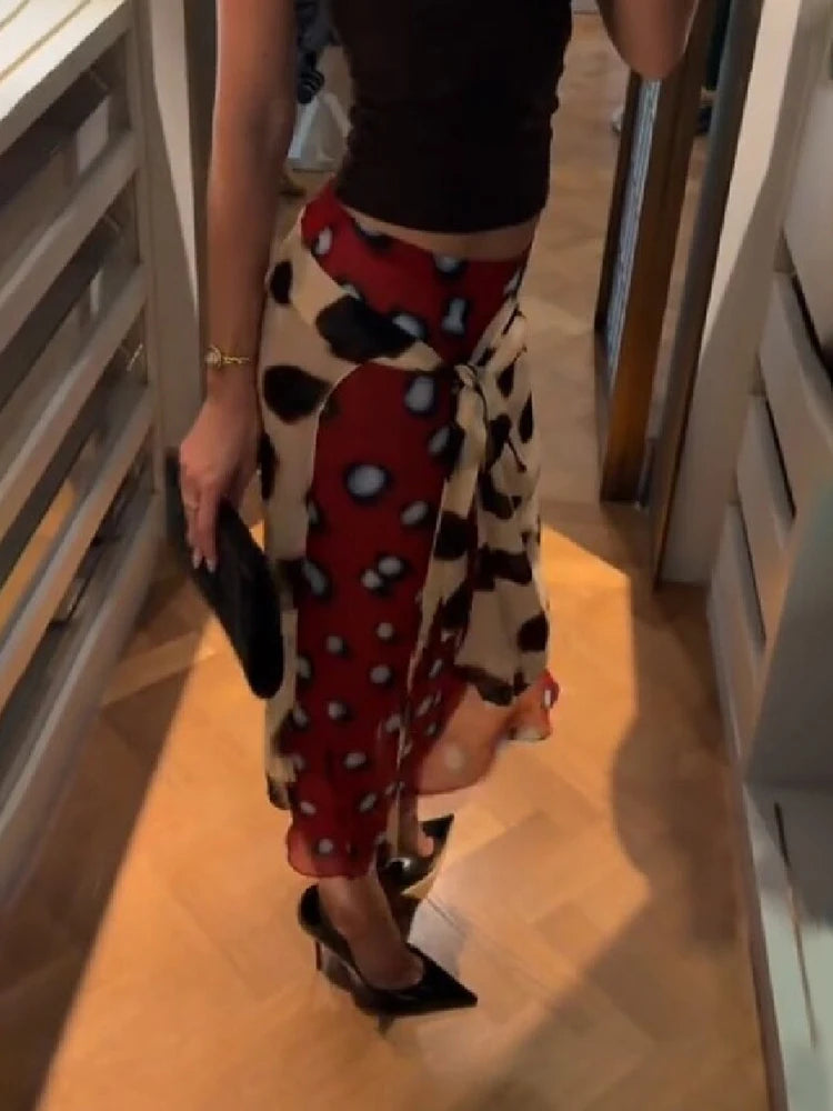 Two Tone Polka Dot Chiffon Wrap Skirt Women Tie Waist Asymmetric Hem Layered Midi Skirt For Summer Beach Vacation Casual Wear