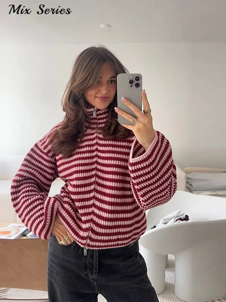 Casual Turtleneck Knitted Ribbed Sweater Women's Loose Full Sleeve Zippers Cardigan 2026 Autumn Winter Lady Minimalist Outerwear