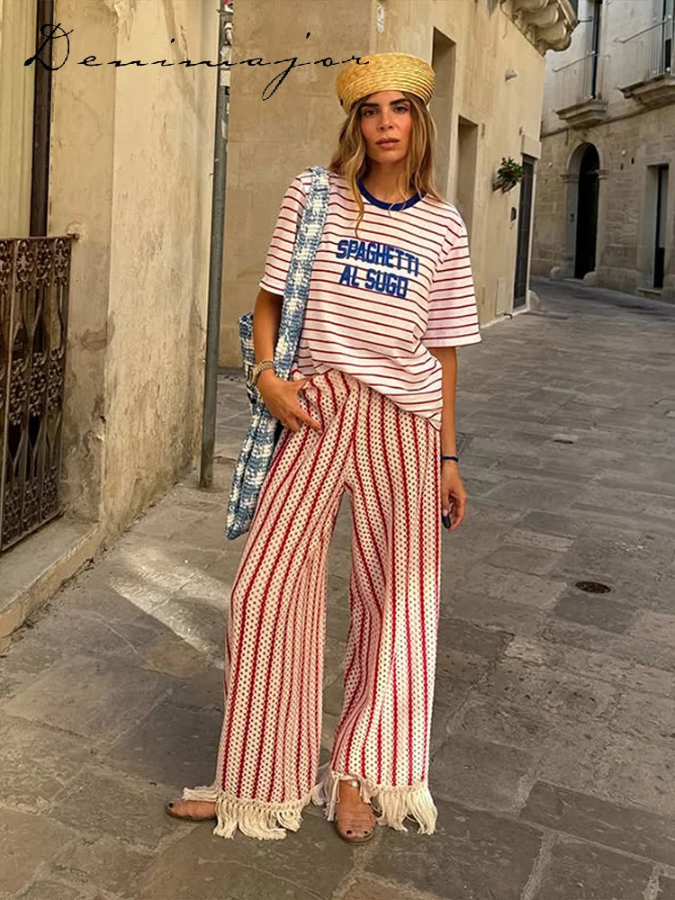 Casual Knit Striped Fringe Two-Piece Set Women Halter Hollow Out Backless Lace Up Top Wide Leg Pants 2026 New Lady Vacation Wear