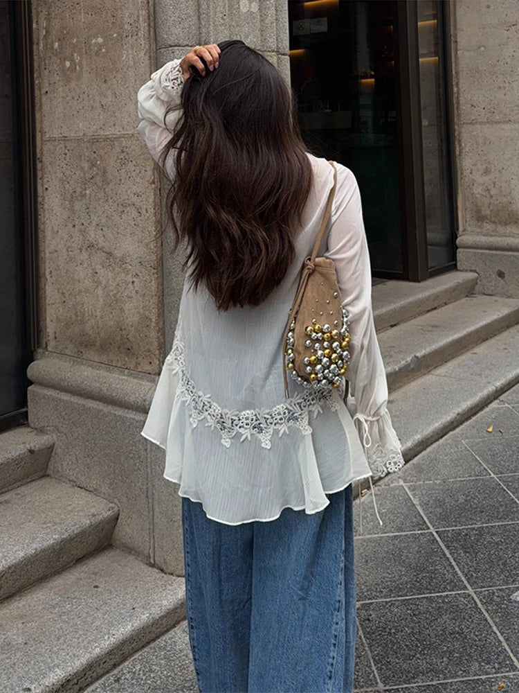 Chic Lace Patchwork See-through Shirts Women Elegant V Neck Flare Sleeve Lace-up Ruffled Female Blouse 2026 Summer Lady Tops