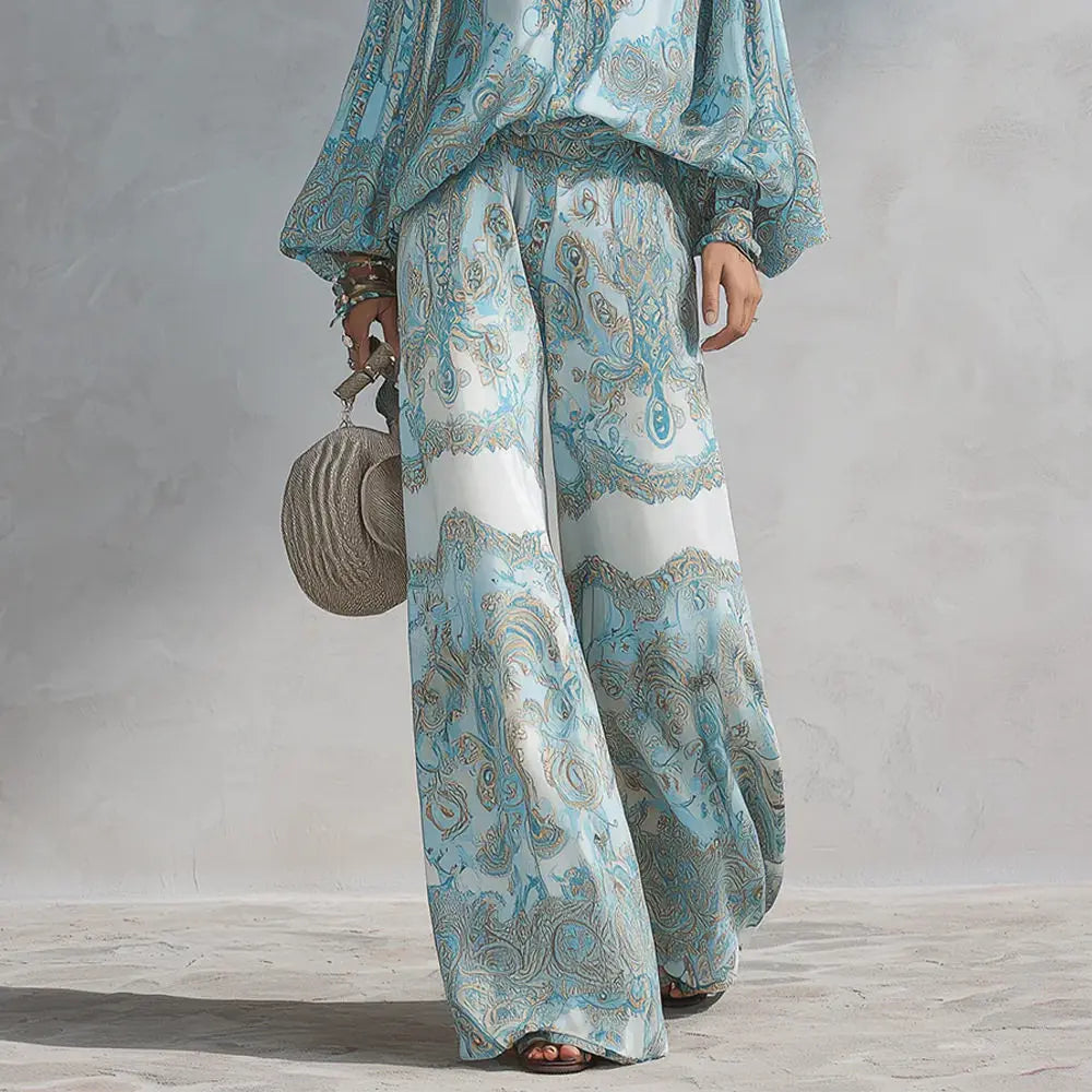 Women's Boho Paisley Print Two-Piece Set Sexy Deep V-Neck Long Sleeve Blouse Top Wide Leg Pants Casual Loose Suit for Vacation