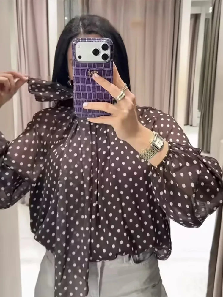 Women Polka Dot Print Blouse Casual High Collar Long Sleeve Lady Top Simple Women's Blouse Female Shirts & Blouses