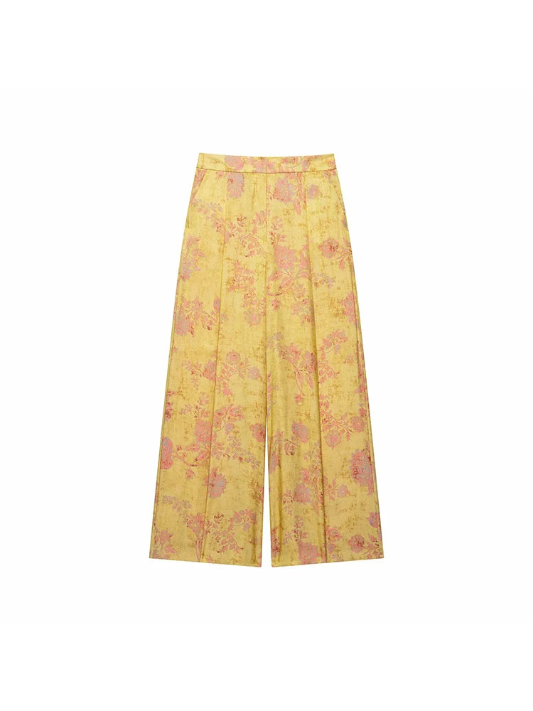 Women Yellow Floral Printing 2-Piece Set Women Stand Collar Long Sleeve Shirt + High Waist Wide Leg Pants Loose Lady Suit