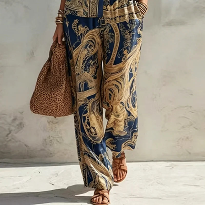 Bohemian Style Women's Pattern Print 2 Piece Set Long Sleeve Button Down Shirt and Wide Leg Pants Set New Casual Vacation Outfit