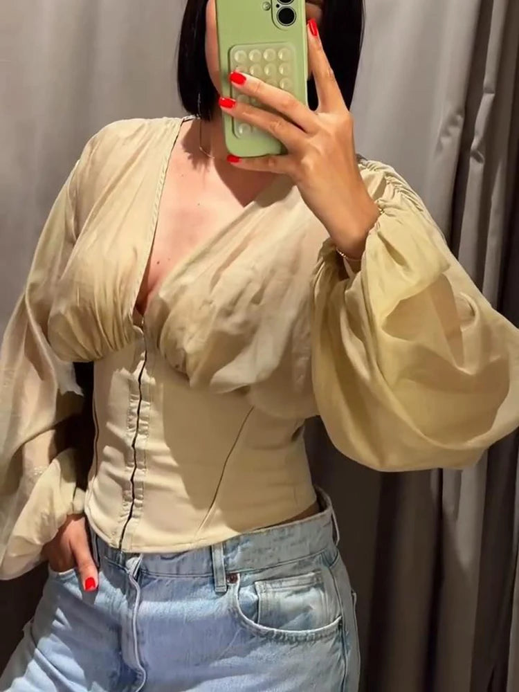 Puff Sleeve Women's Top Deep V Neck Patchwork Cropped Corset Blouse Ruched Shoulder Front Zipper Slim Waist Urban Daily Blouse