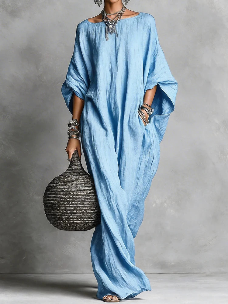 Three Quarter Batwing Sleeve Loose Party Dress, Women Spring Summer O Neck Simple Maxi Dress, Holiday Solid Elegant Ladies Dress