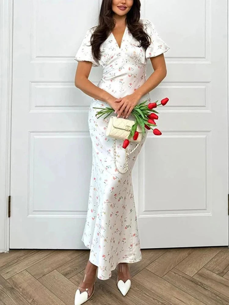 Printed Floral Print Elegant Long Dress For Women Short Sleeve V Neck Fashion Slim Dress Satin Commuting Banquet Female Dress