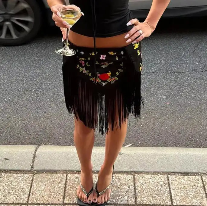 Women's Embroidery Tassel Mini Skirt Chic Patchwork Low Waist Irregular Tassel Skirts 2026 Summer Vacation Casual Street Outfits