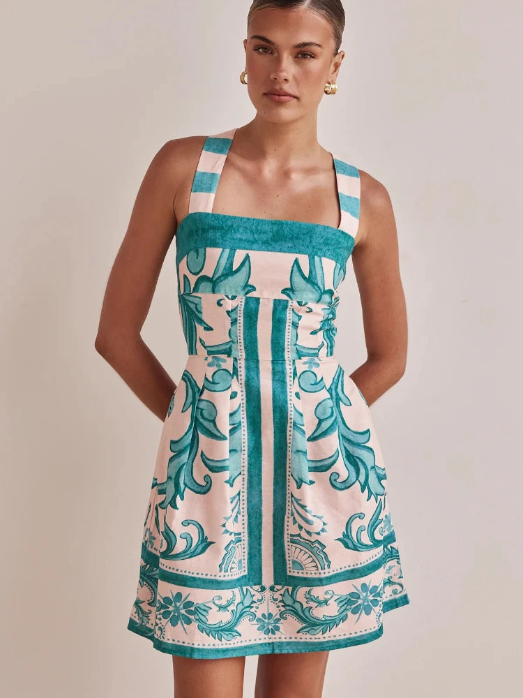 2025 Summer Fashion New Women's Elegant New Printed Bohemian Dress Short Vacation Strap Hot Girl Sexy Color Blocked Dress