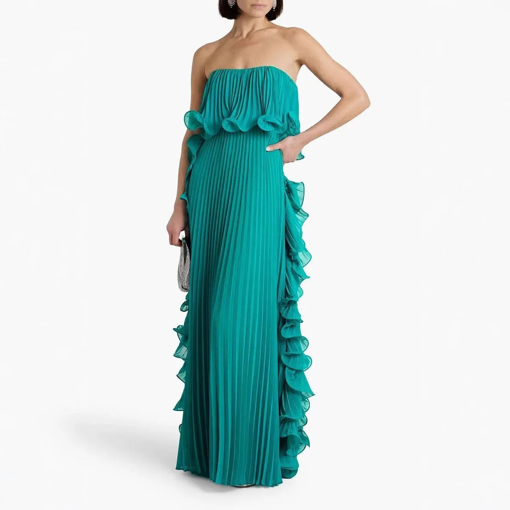 Ingrid Ruffle Trim Pleated Maxi Dress