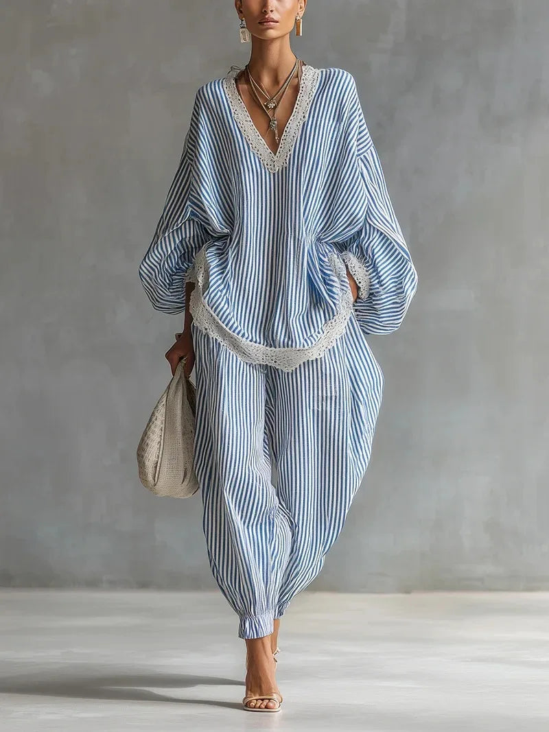Boho Striped Two Piece Set for Women Sexy V-Neck Lace Trim Puff Sleeve Top & Casual Loose Lantern Pant Spring Matching Set