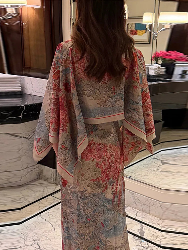 Tropical Leaf Print Cape Two Piece Set