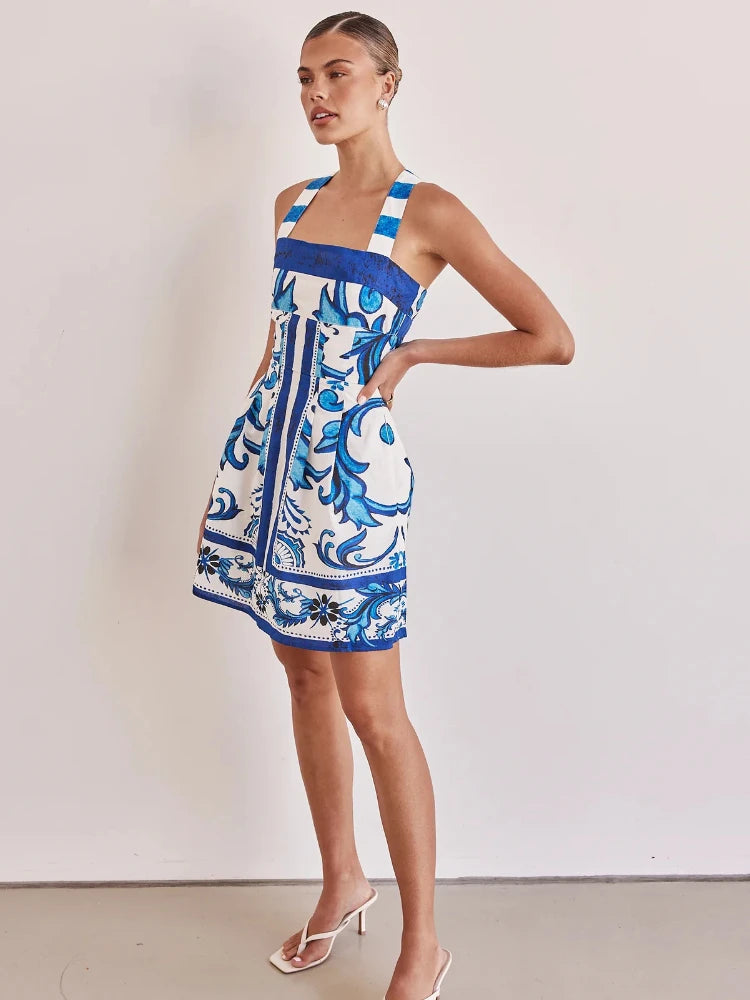 2025 Summer Fashion New Women's Elegant New Printed Bohemian Dress Short Vacation Strap Hot Girl Sexy Color Blocked Dress