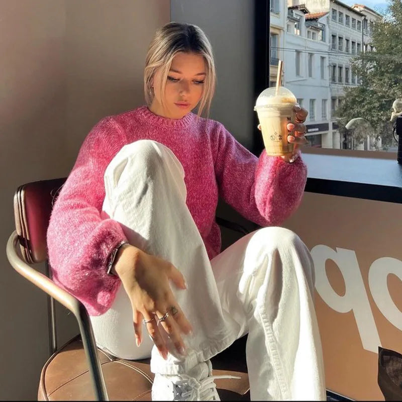 Women's Pink Lace-up Backless Knitted Sweater Cozy Long Sleeve Large Size Pull Knitwears Loose Pullovers Top White Fall 2025 New