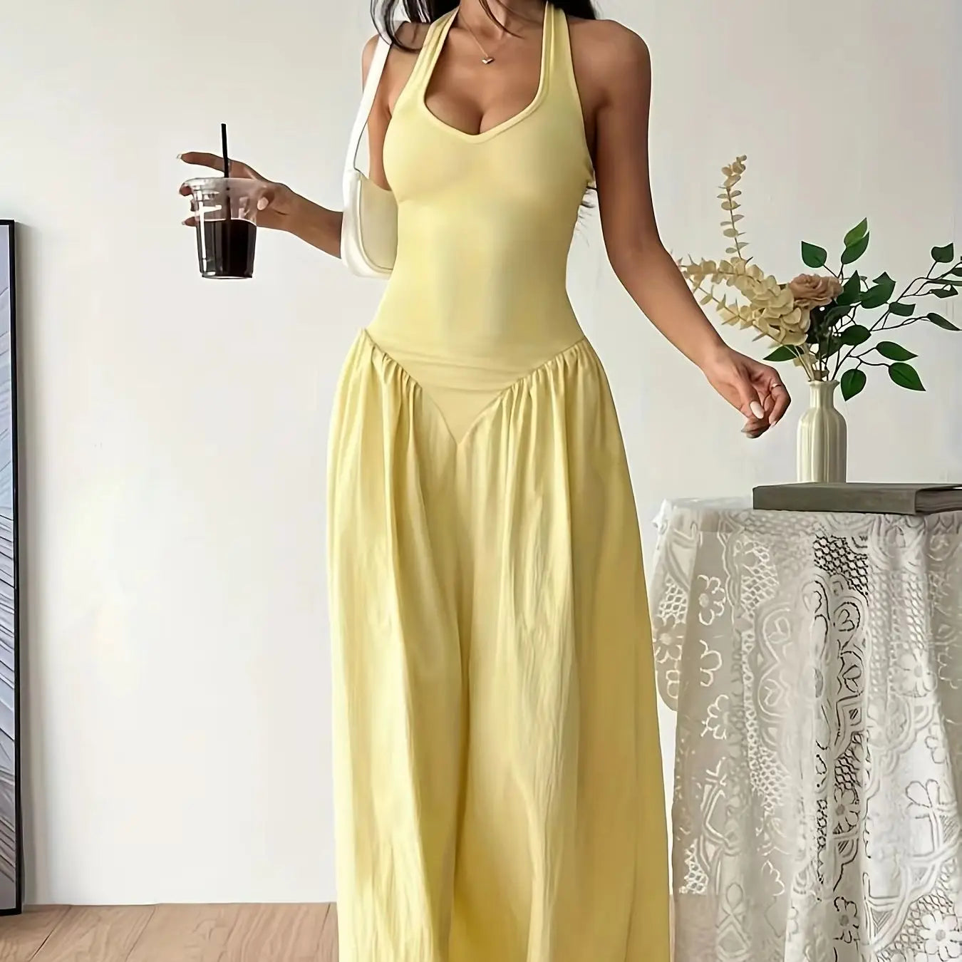 2026Women Yellow Halter Neck Maxi Dress Sleeveless V-Neck Backless A-L – Noelanii